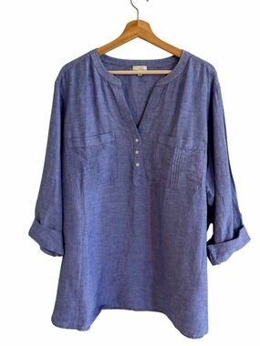 Talbots Womens Linen Blend Tunic Top Size 3X Coastal Beachy Lagen Loose Classic